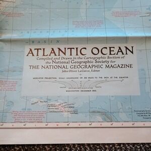 Vintage 1955 National Geographic Atlantic Ocean Map John Oliver LaGorce 1950s